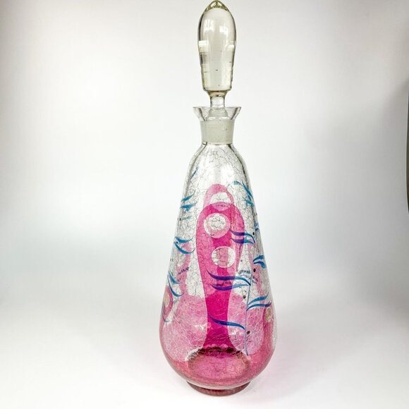 MCM Crackle Glass Enameled Botanical design Decanter Bohemia - Picture 1 of 10